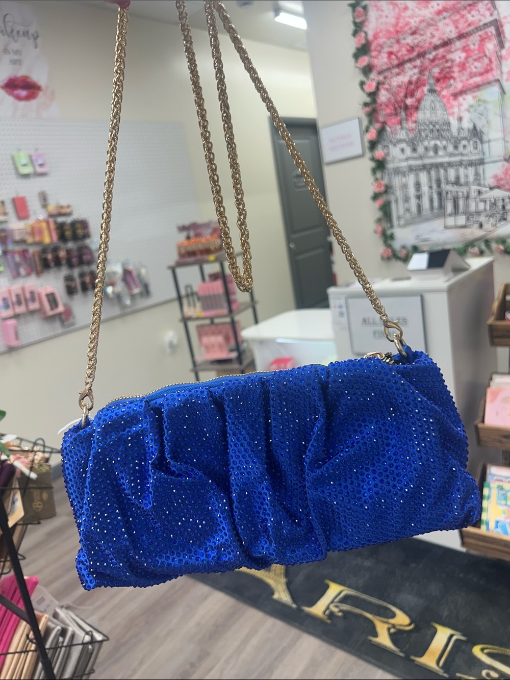 Royal Blue Sequin Evening Clutch with Gold Chain